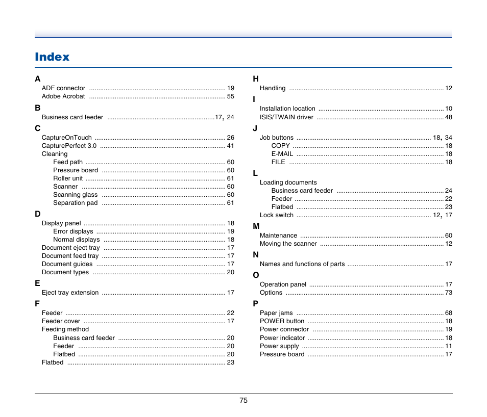 Index | Canon IMAGEFORMULA DR-2020U User Manual | Page 75 / 77