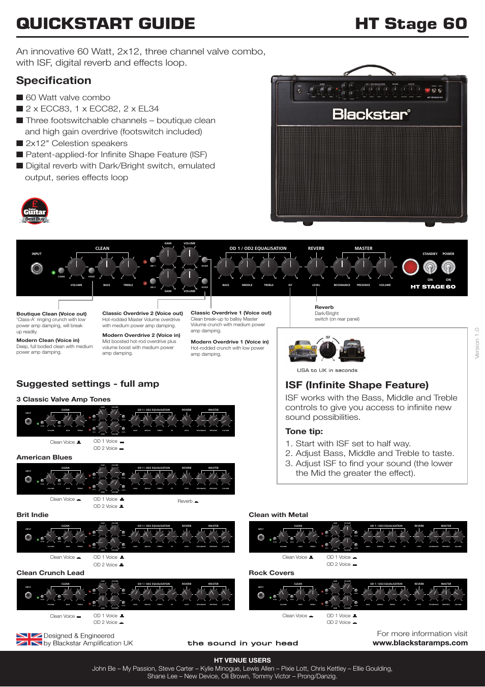 Blackstar HT Stage 60 Quick start User Manual | 1 page