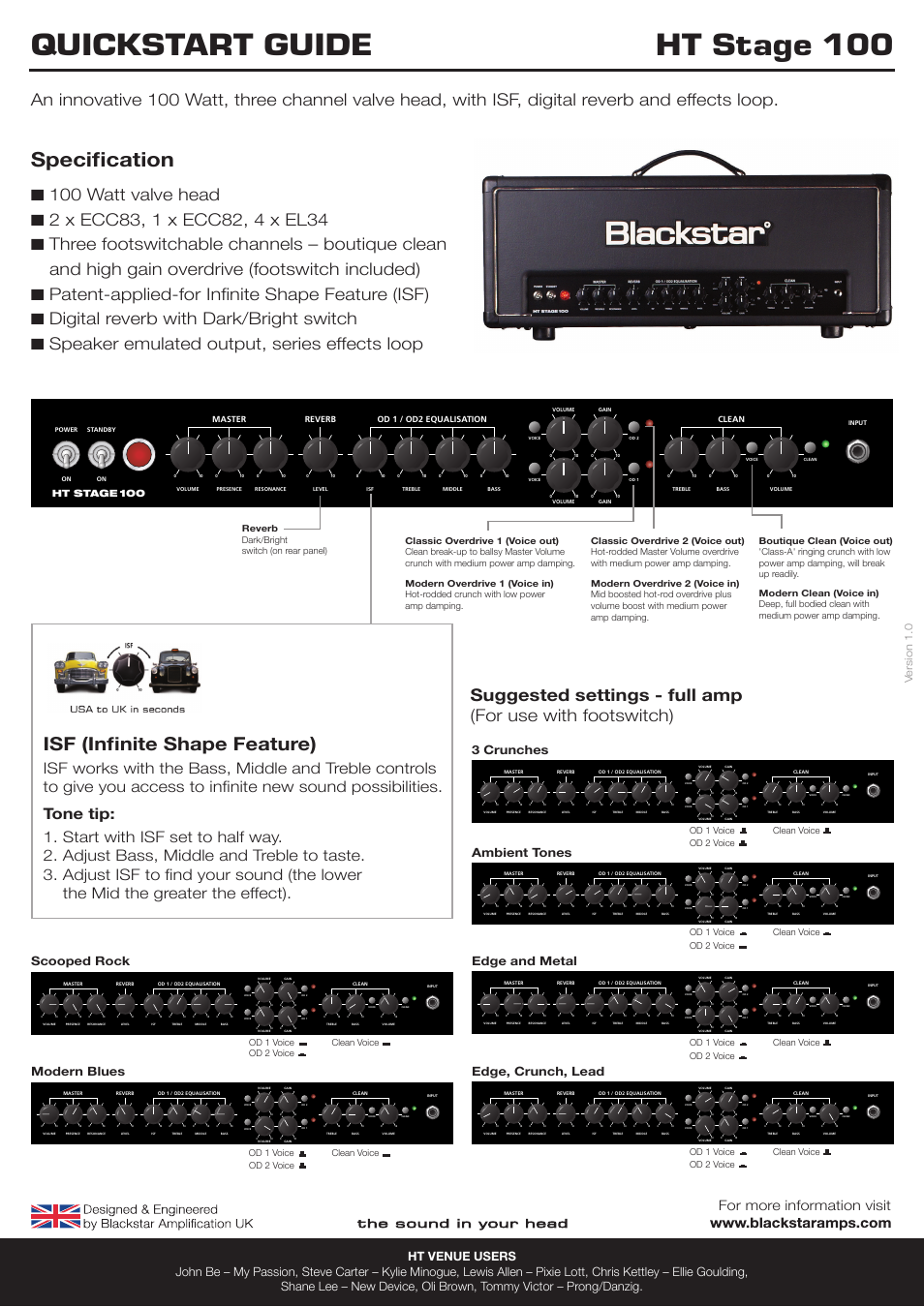 Blackstar HT Stage 100 Quick start User Manual | 1 page