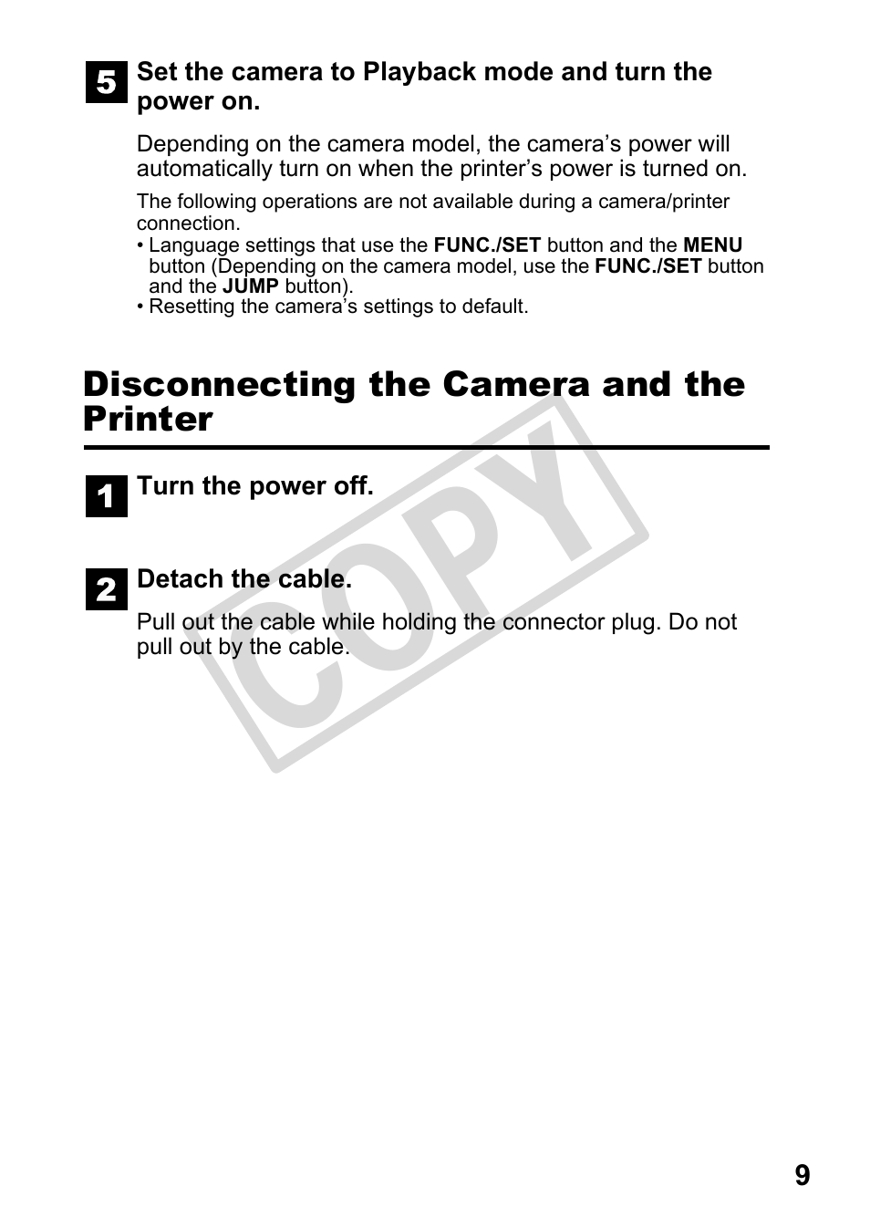 Disconnecting the camera and the printer, Cop y | Canon DIRECT PRINT CDI-E350-020 User Manual | Page 11 / 82