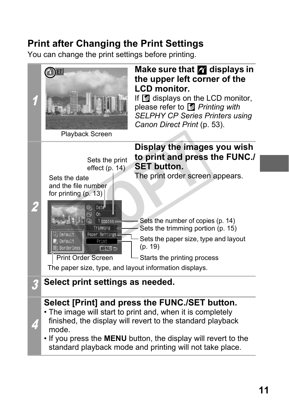 Print after changing the print settings, Cop y | Canon DIRECT PRINT CDI-E350-020 User Manual | Page 13 / 82