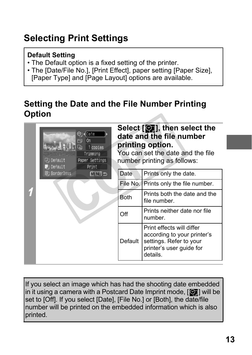 Selecting print settings, P. 13), Cop y | Canon DIRECT PRINT CDI-E350-020 User Manual | Page 15 / 82