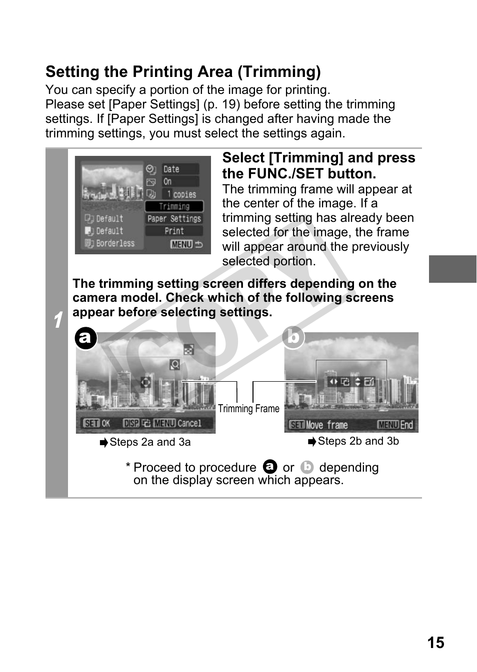 Setting the printing area (trimming), P. 15), Cop y | Canon DIRECT PRINT CDI-E350-020 User Manual | Page 17 / 82