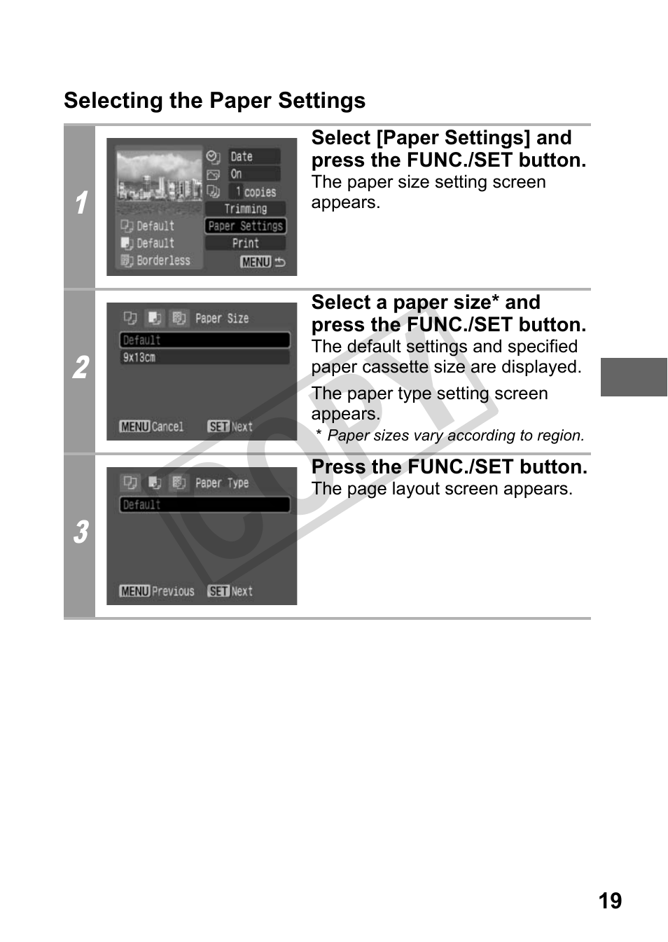 Selecting the paper settings, P. 19), Cop y | Canon DIRECT PRINT CDI-E350-020 User Manual | Page 21 / 82