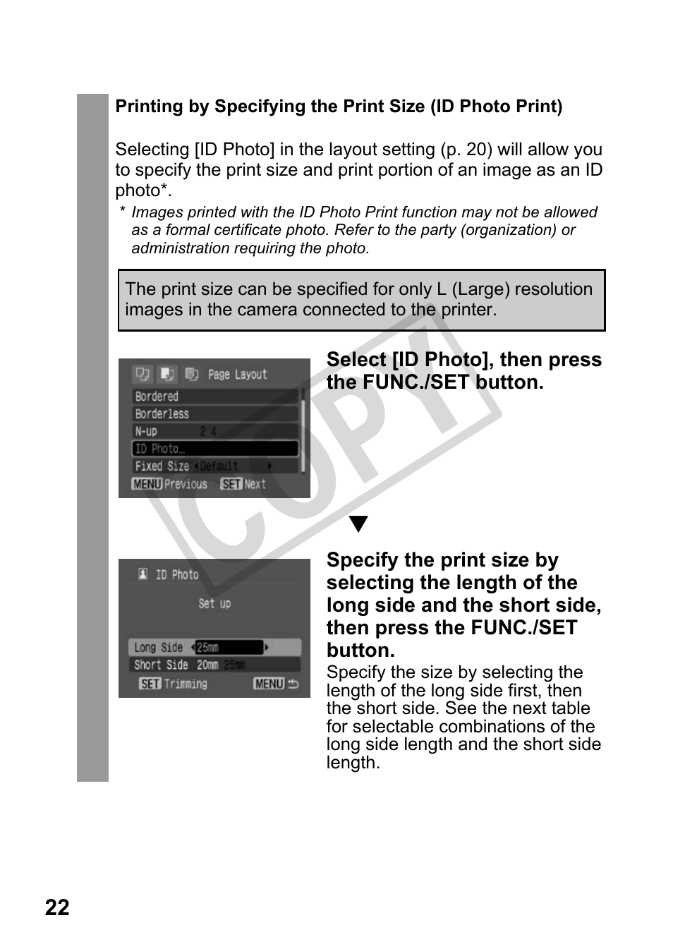 Printing by specifying the print size, Id photo print), Cop y | Canon DIRECT PRINT CDI-E350-020 User Manual | Page 24 / 82