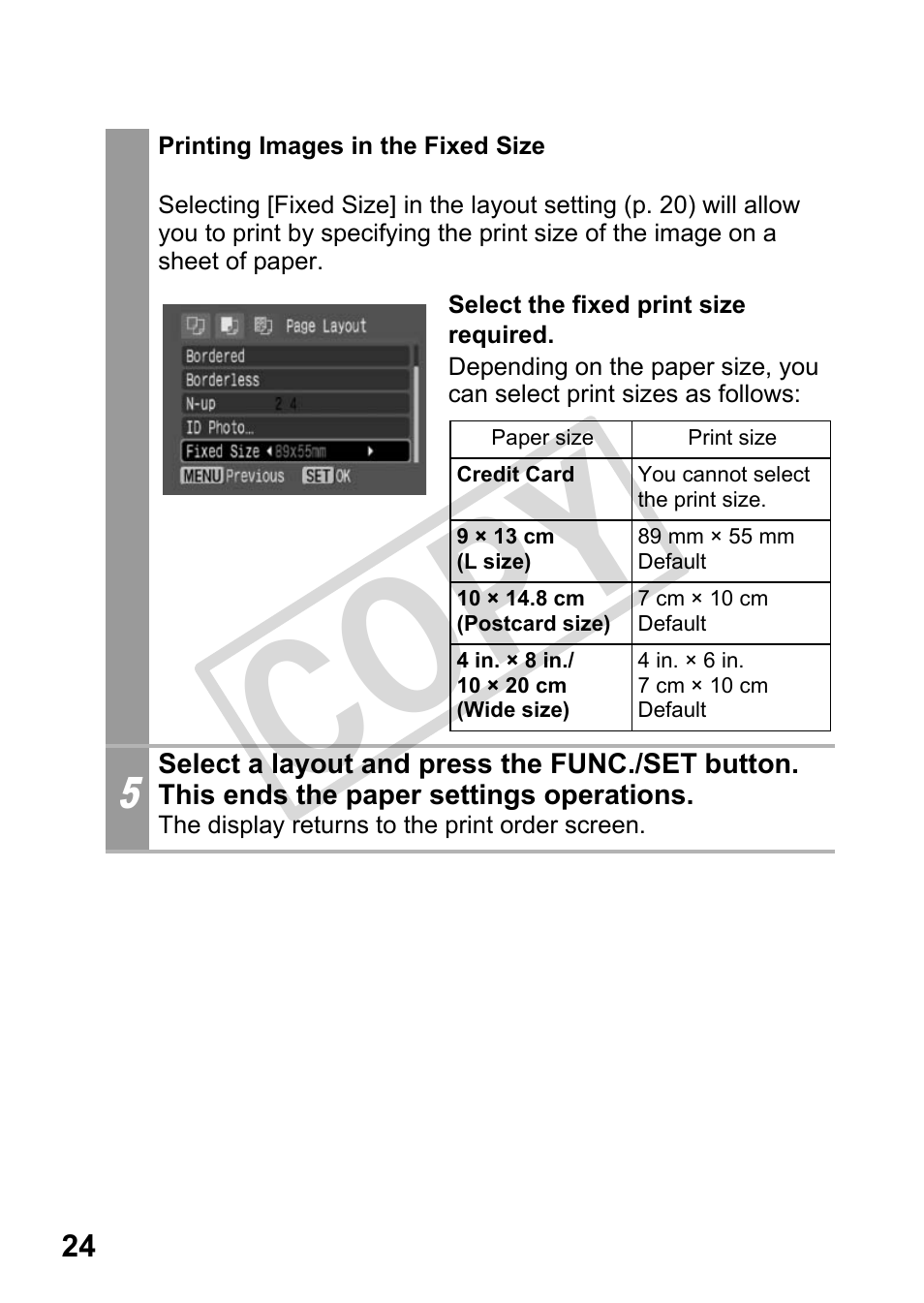 Printing images in the fixed size, Xed size (p. 24), Cop y | Canon DIRECT PRINT CDI-E350-020 User Manual | Page 26 / 82