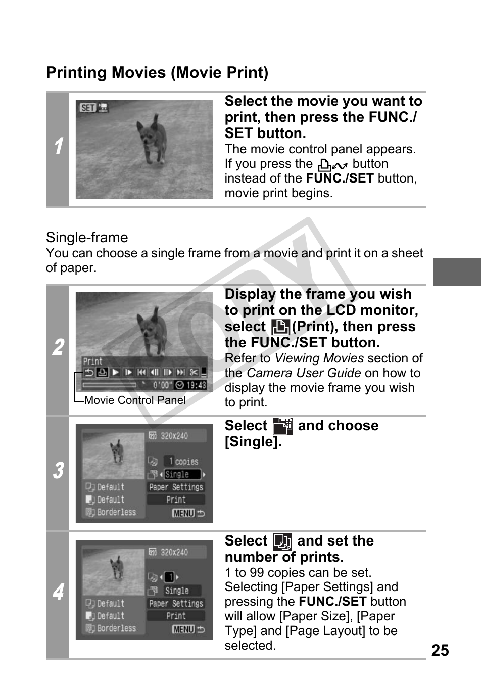 Printing movies (movie print), Single-frame, Cop y | Canon DIRECT PRINT CDI-E350-020 User Manual | Page 27 / 82