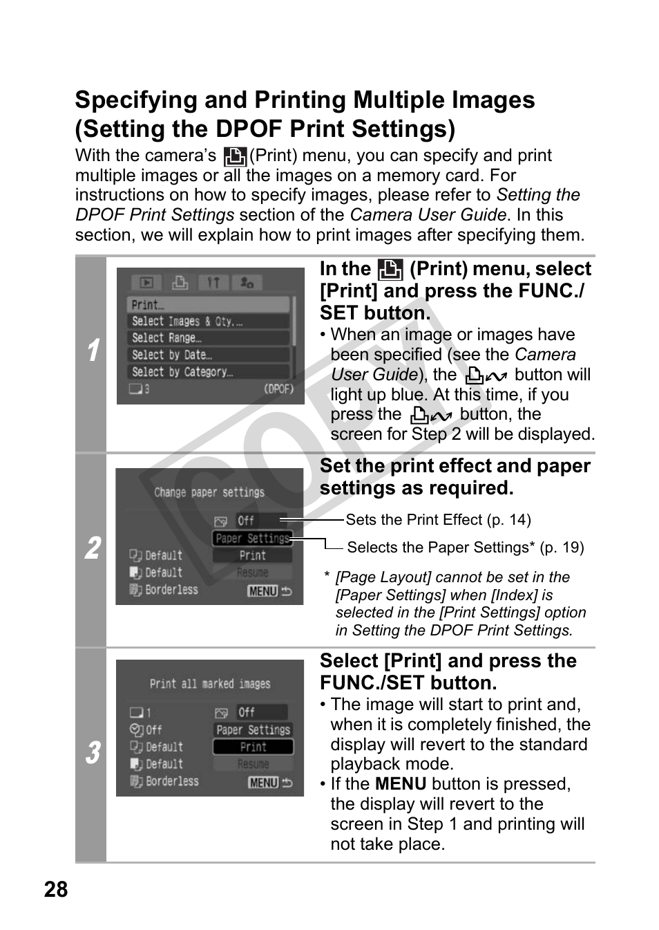 Specifying and printing multiple images, Setting the dpof print settings), Ng (p. 28) allo | P. 28, Cop y | Canon DIRECT PRINT CDI-E350-020 User Manual | Page 30 / 82