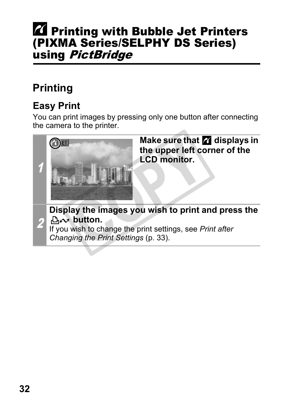 Printing, Easy print, Cop y | Canon DIRECT PRINT CDI-E350-020 User Manual | Page 34 / 82