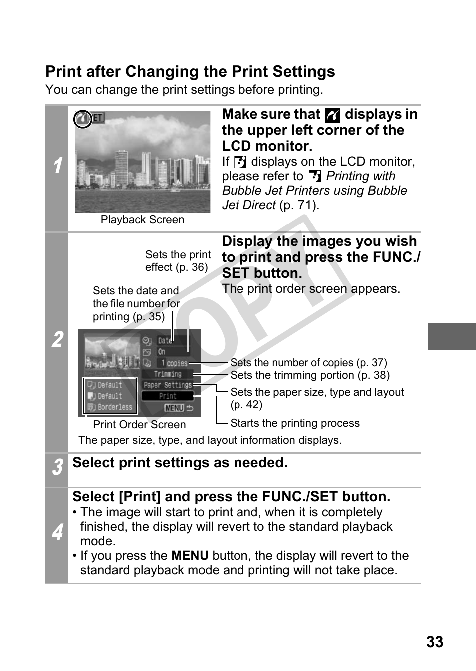 Print after changing the print settings, Cop y | Canon DIRECT PRINT CDI-E350-020 User Manual | Page 35 / 82