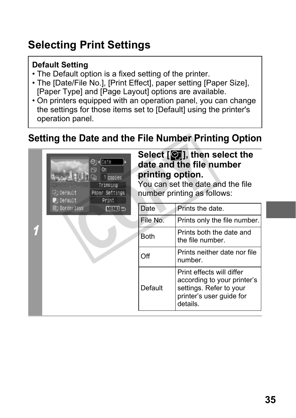 Selecting print settings, P. 35), Cop y | Canon DIRECT PRINT CDI-E350-020 User Manual | Page 37 / 82