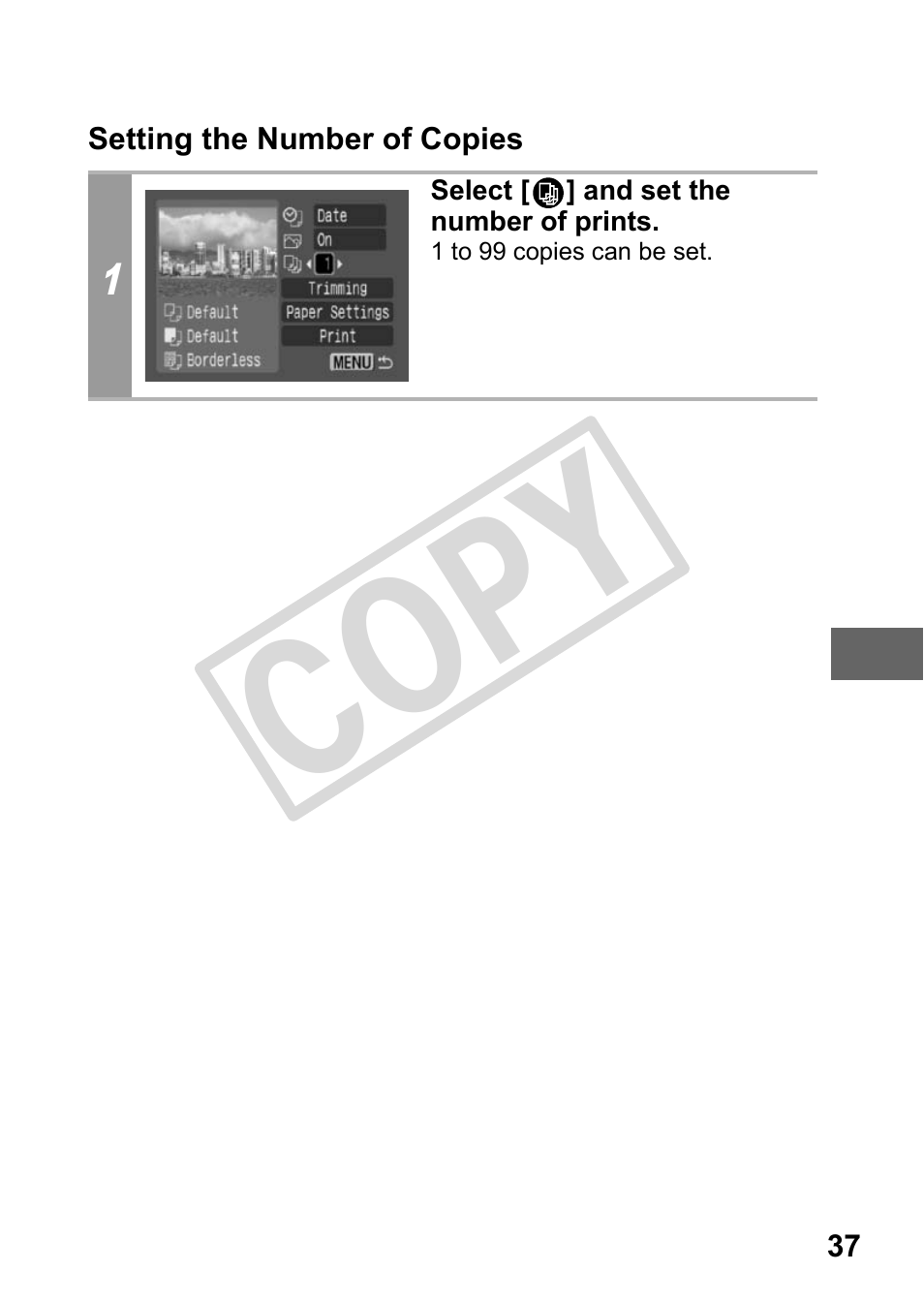 Setting the number of copies, P. 37), Cop y | Canon DIRECT PRINT CDI-E350-020 User Manual | Page 39 / 82