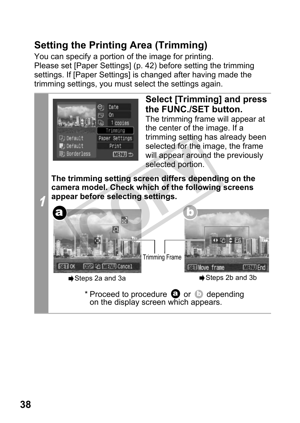 Setting the printing area (trimming), Setting the printing area (trimming) (pp, P. 38) | Cop y | Canon DIRECT PRINT CDI-E350-020 User Manual | Page 40 / 82