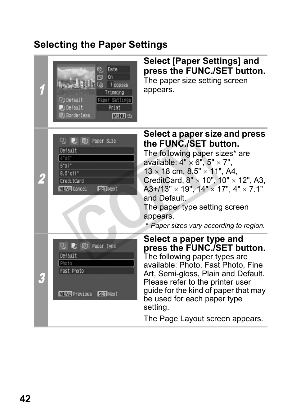 Selecting the paper settings, P. 42), Cop y | Canon DIRECT PRINT CDI-E350-020 User Manual | Page 44 / 82