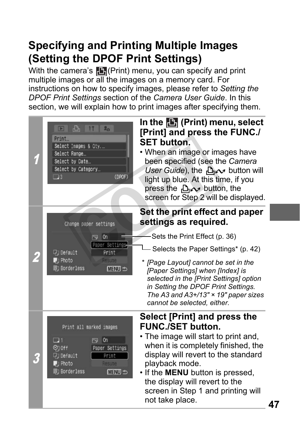 Specifying and printing multiple images, Setting the dpof print settings), P. 47 | Cop y | Canon DIRECT PRINT CDI-E350-020 User Manual | Page 49 / 82