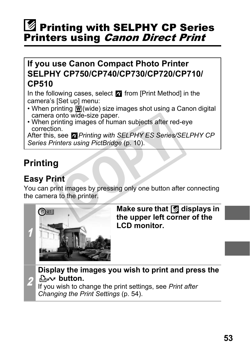 Printing, Easy print, If you use canon compact photo printer selphy | Cp750/cp740/cp730/cp720/cp710/cp510, Printing with, Cop y | Canon DIRECT PRINT CDI-E350-020 User Manual | Page 55 / 82