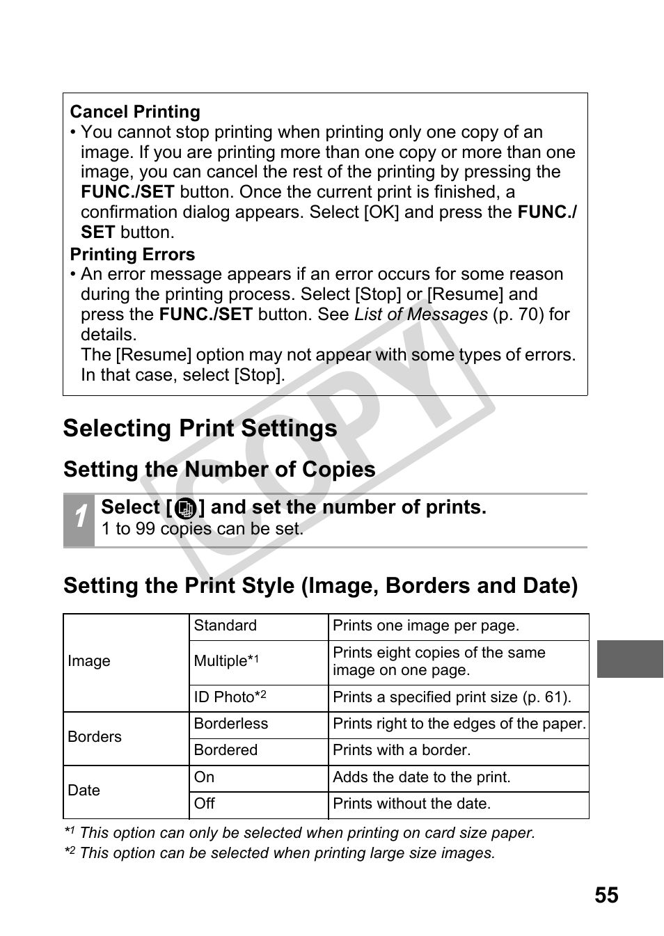 Selecting print settings, P. 55), Yle (p. 55) | Cop y | Canon DIRECT PRINT CDI-E350-020 User Manual | Page 57 / 82