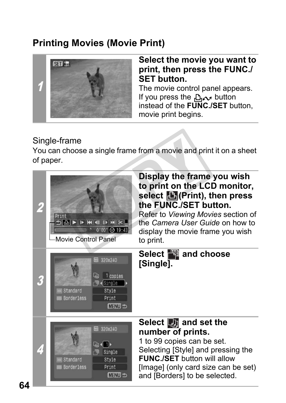 Printing movies (movie print), Single-frame, Cop y | Canon DIRECT PRINT CDI-E350-020 User Manual | Page 66 / 82