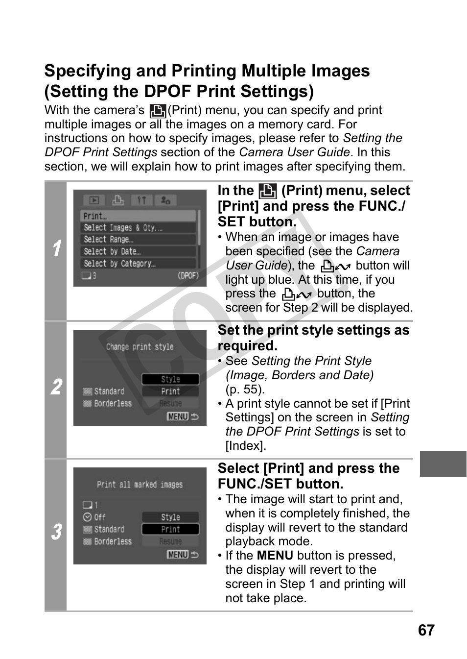 Specifying and printing multiple images, Setting the dpof print settings), Cop y | Canon DIRECT PRINT CDI-E350-020 User Manual | Page 69 / 82