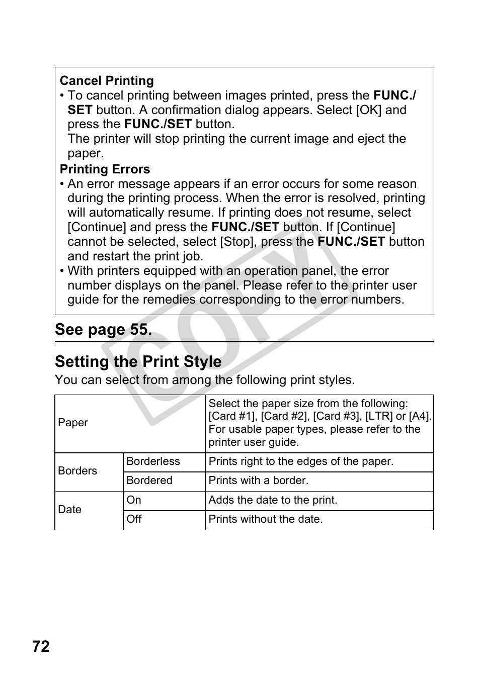 Setting the print style, Cop y | Canon DIRECT PRINT CDI-E350-020 User Manual | Page 74 / 82