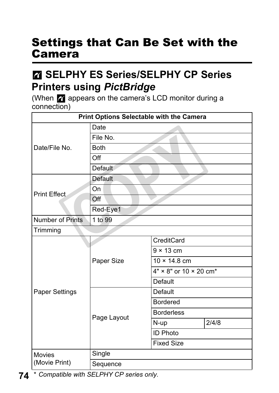 Settings that can be set with the camera, Selphy es series/selphy cp series printers, Using pictbridge | Cop y | Canon DIRECT PRINT CDI-E350-020 User Manual | Page 76 / 82