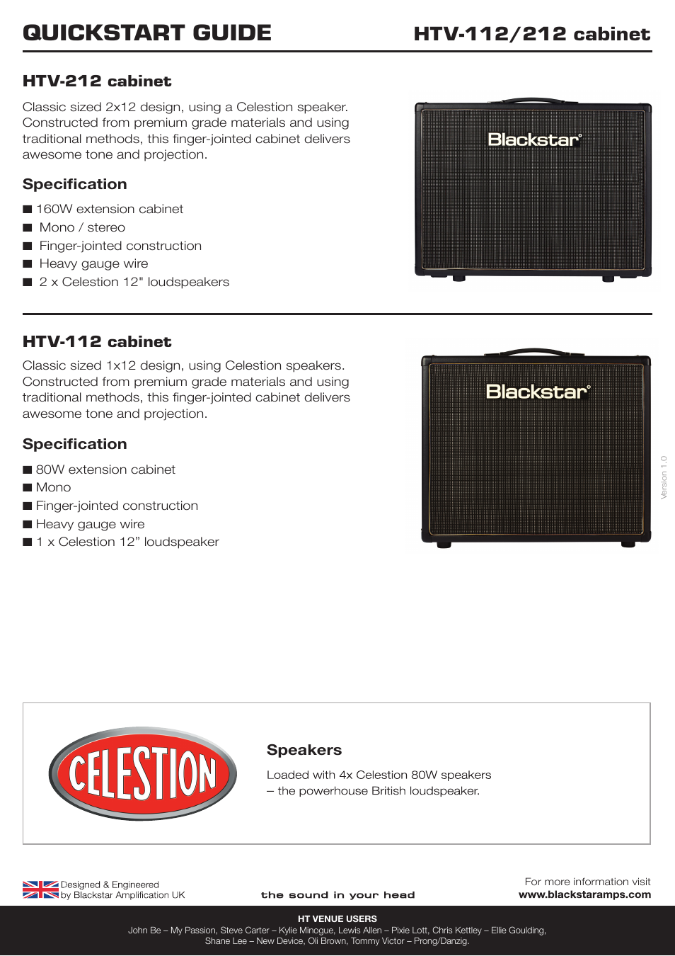 Blackstar HTV-112 Speaker Cabinet Quick start User Manual | 1 page