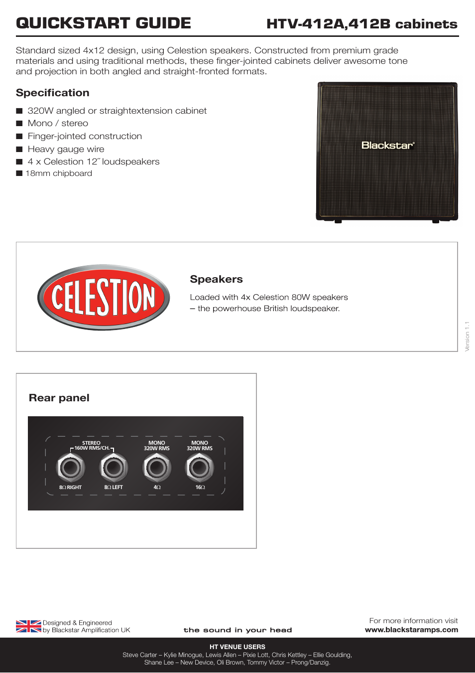 Blackstar HTV-412 Speaker Cabinet Quick start User Manual | 1 page