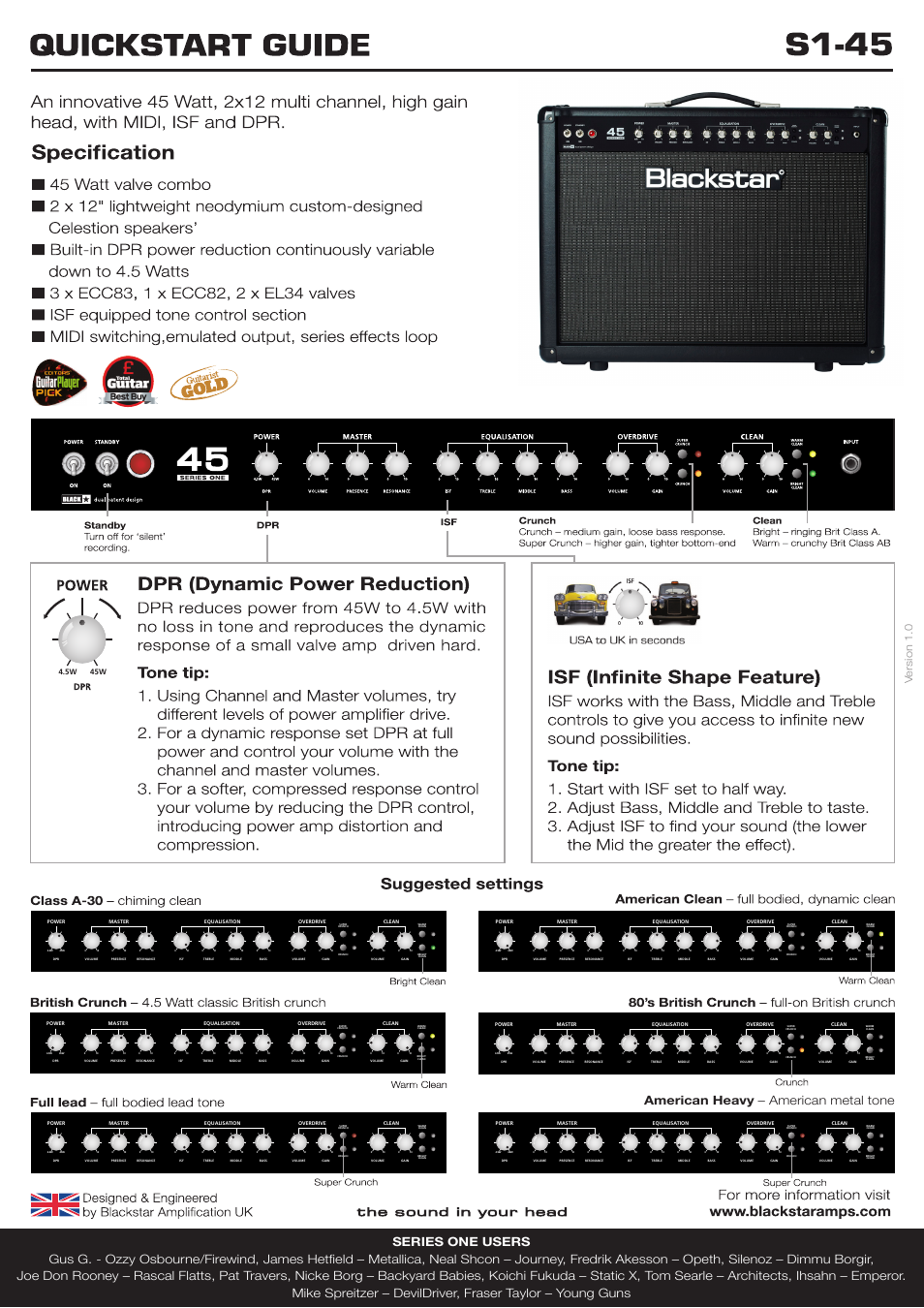 Blackstar S1-45 Quick start User Manual | 1 page