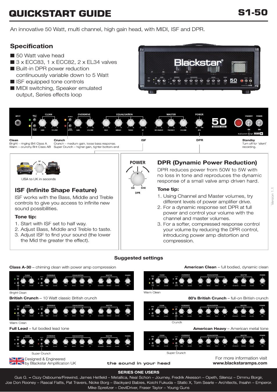 Blackstar S1-50 Quick start User Manual | 1 page