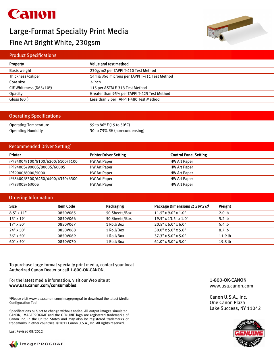 Large-format specialty print media, Fine art bright white, 230gsm | Canon IMAGEPROGRAF 230GSM User Manual | Page 2 / 2