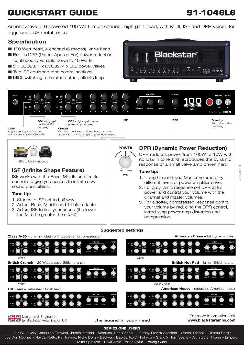 Blackstar S1-1046L6 Quick start User Manual | 1 page