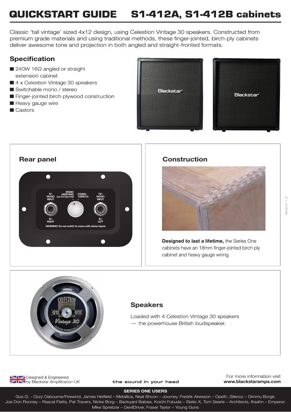 Blackstar S1-412A Quick start User Manual | 1 page