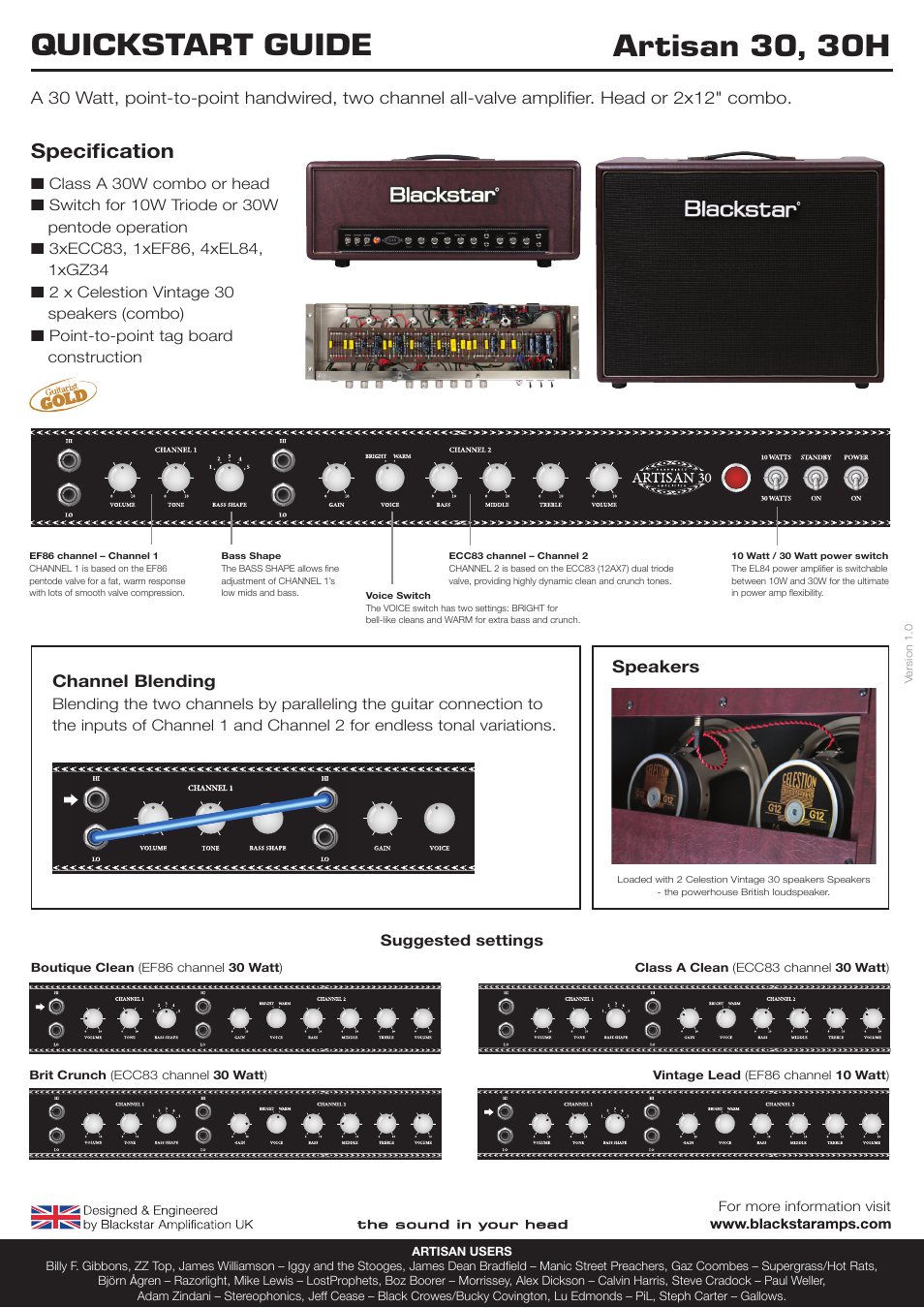 Blackstar Artisan 30 Quick start User Manual | 1 page