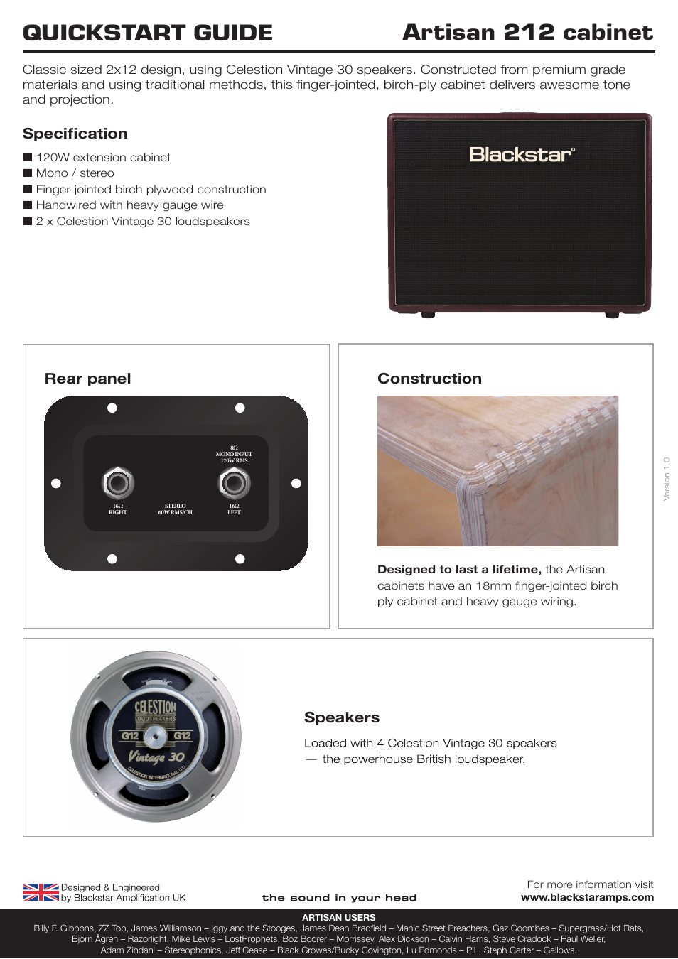 Blackstar Artisan 212 Cabinet Quick start User Manual | 1 page