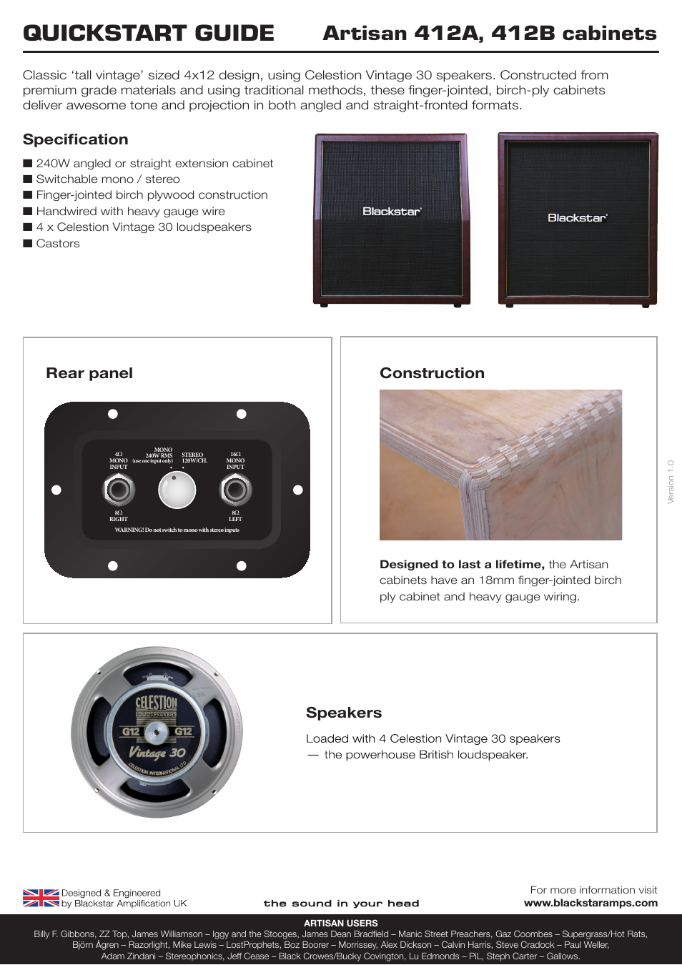 Blackstar Artisan 412 A Cabinets Quick start User Manual | 1 page