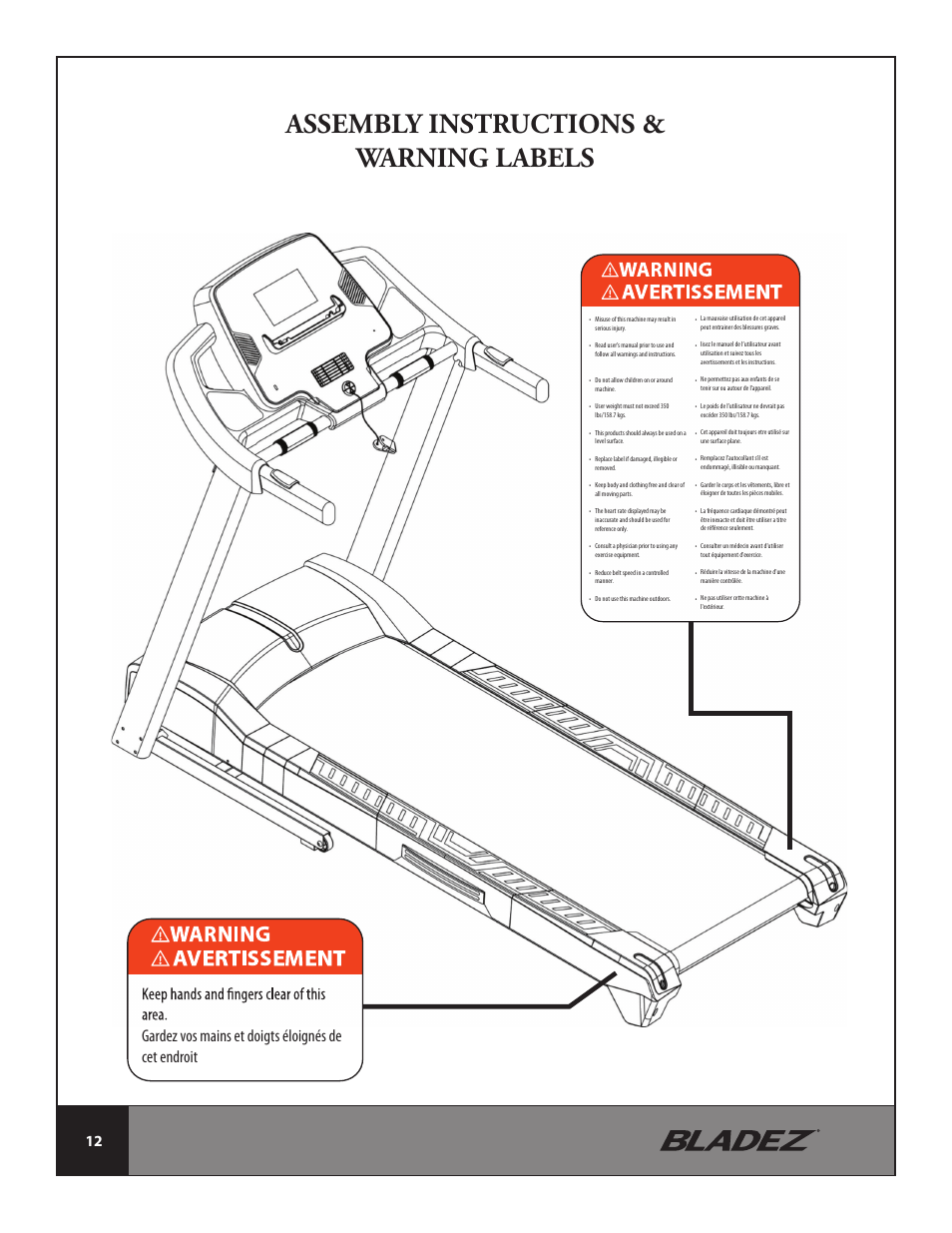 Assembly instructions & warning labels, Gardez vos mains et doigts éloignés de cet endroit | Bladez Fitness T300i Treadmill User Manual | Page 12 / 34