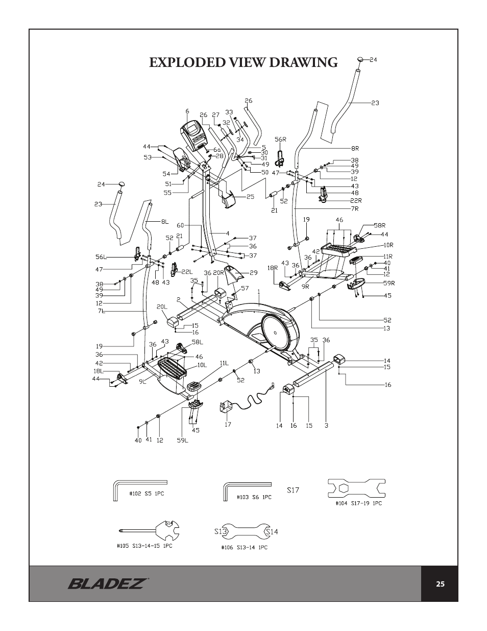 Exploded view drawing | Bladez Fitness E300 Elliptical User Manual | Page 25 / 38