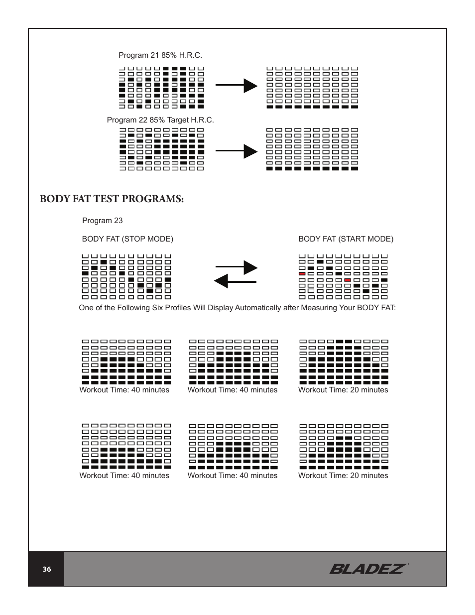 Body fat test programs | Bladez Fitness E300 Elliptical User Manual | Page 36 / 38