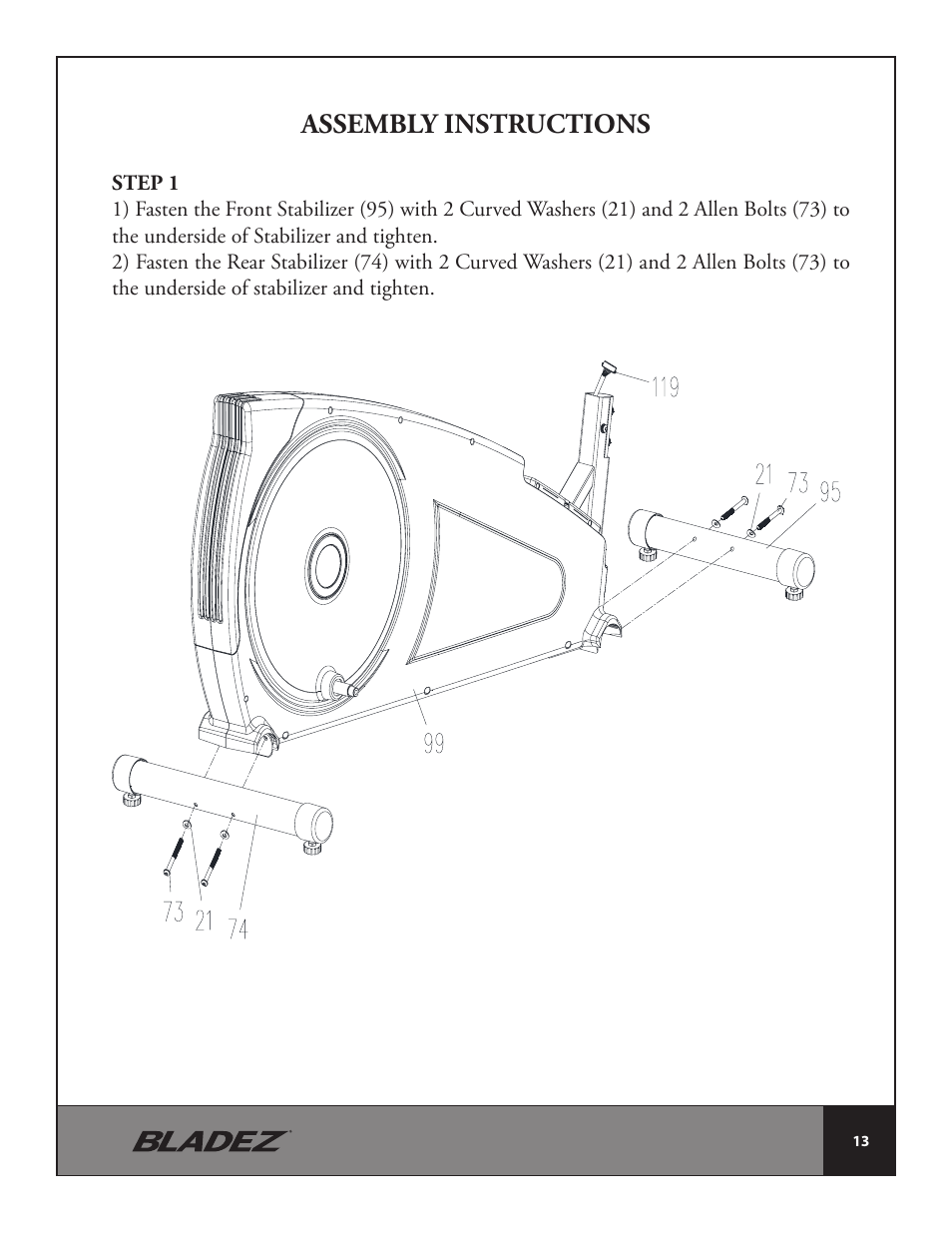 Assembly instructions | Bladez Fitness E500 Elliptical User Manual | Page 13 / 37