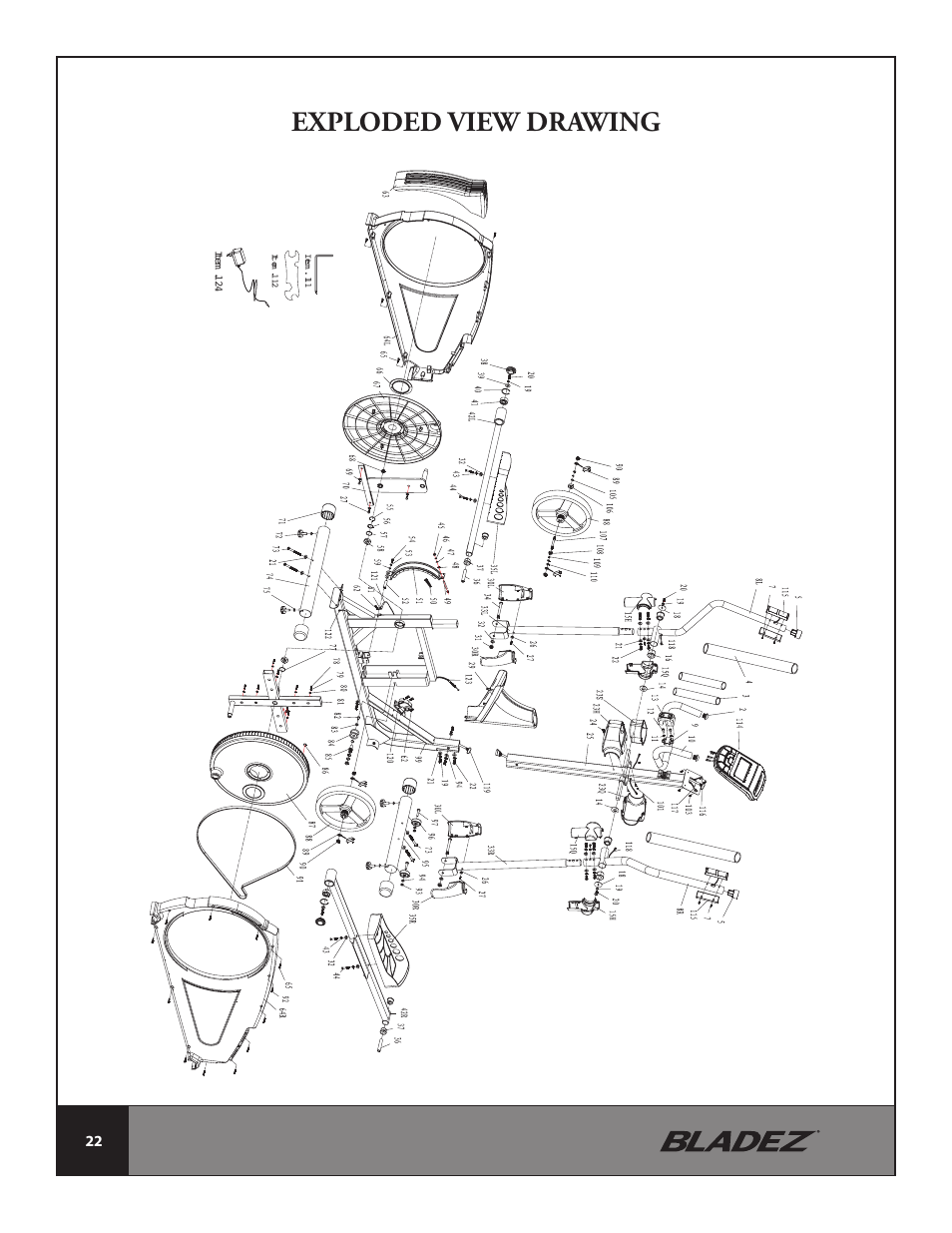 Exploded view drawing | Bladez Fitness E500 Elliptical User Manual | Page 22 / 37