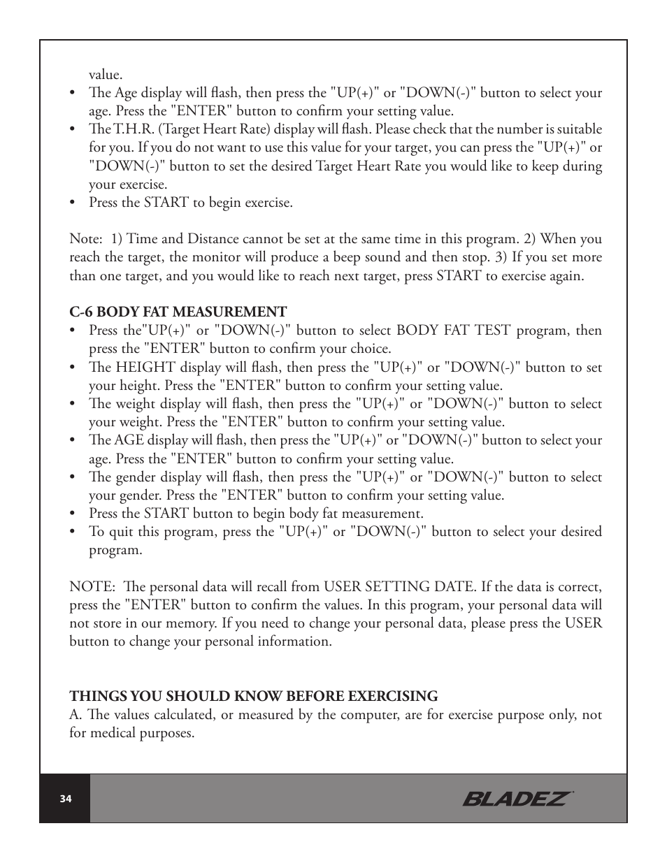 Bladez Fitness E500 Elliptical User Manual | Page 34 / 37