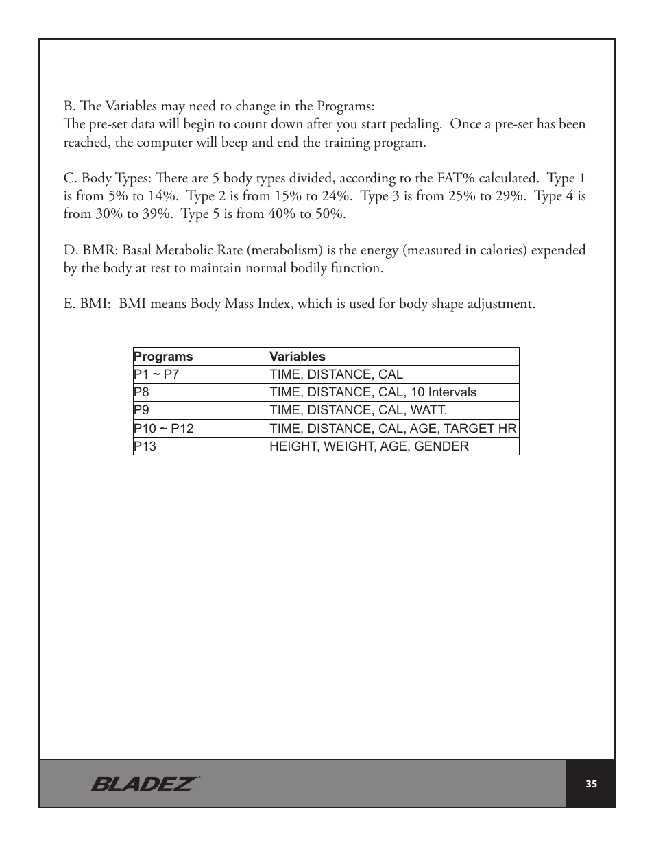 Bladez Fitness E500 Elliptical User Manual | Page 35 / 37