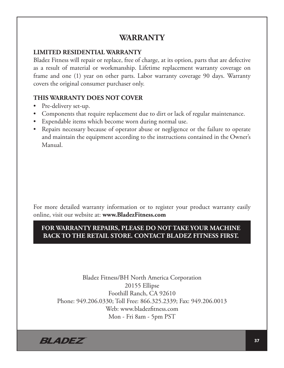 Warranty | Bladez Fitness E500 Elliptical User Manual | Page 37 / 37