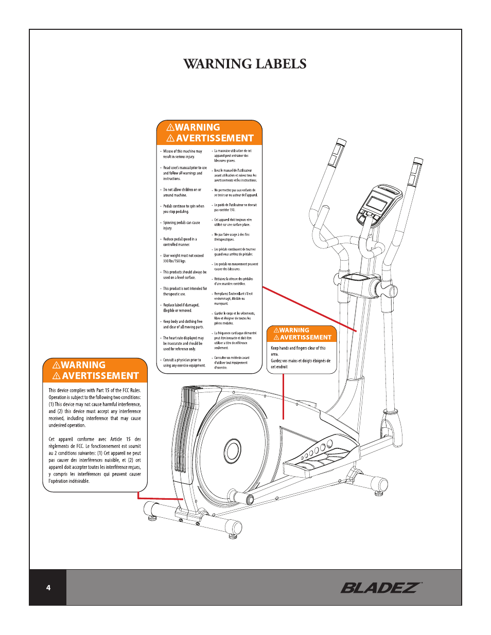 Warning labels | Bladez Fitness E500 Elliptical User Manual | Page 4 / 37