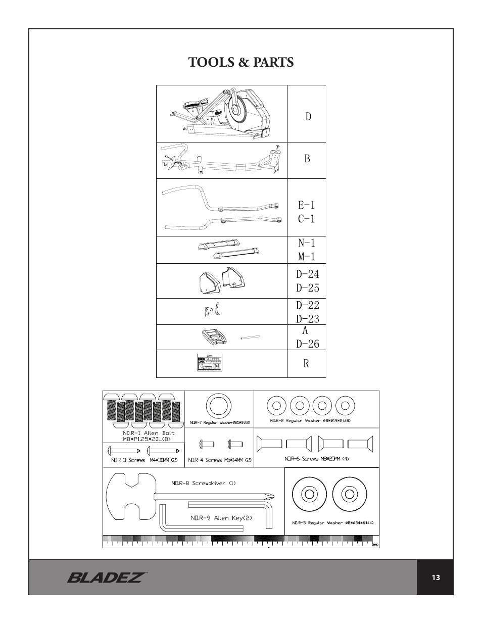 Tools & parts | Bladez Fitness E700i Elliptical User Manual | Page 13 / 30