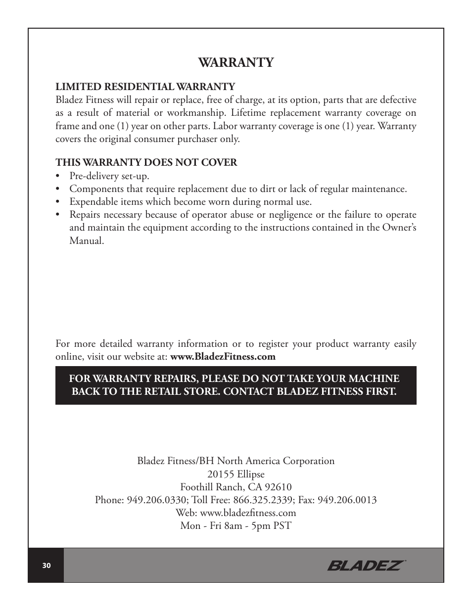 Warranty | Bladez Fitness E700i Elliptical User Manual | Page 30 / 30