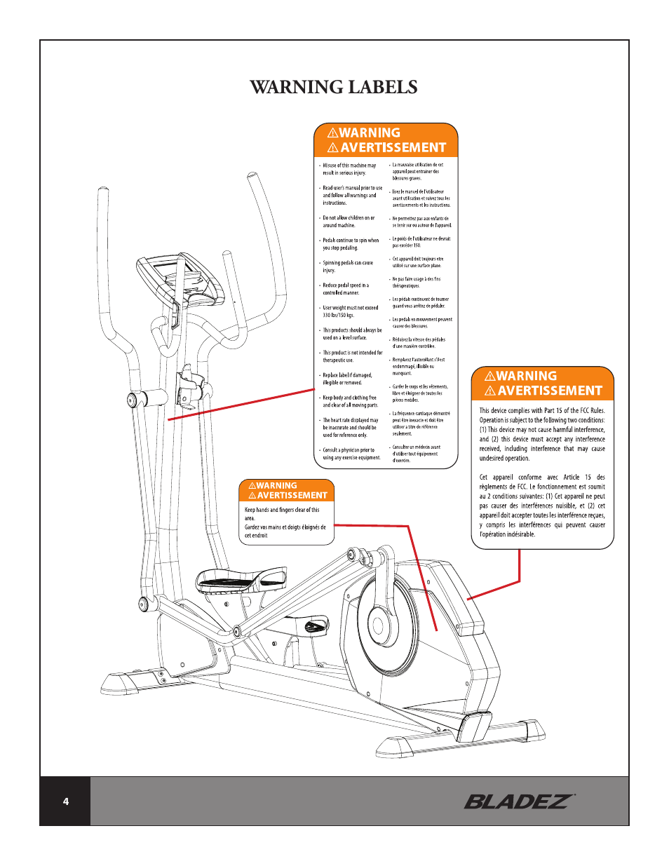 Warning labels | Bladez Fitness E700i Elliptical User Manual | Page 4 / 30