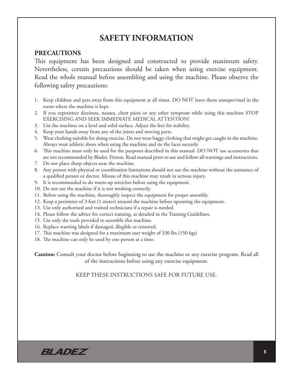 Safety information | Bladez Fitness E700i Elliptical User Manual | Page 5 / 30