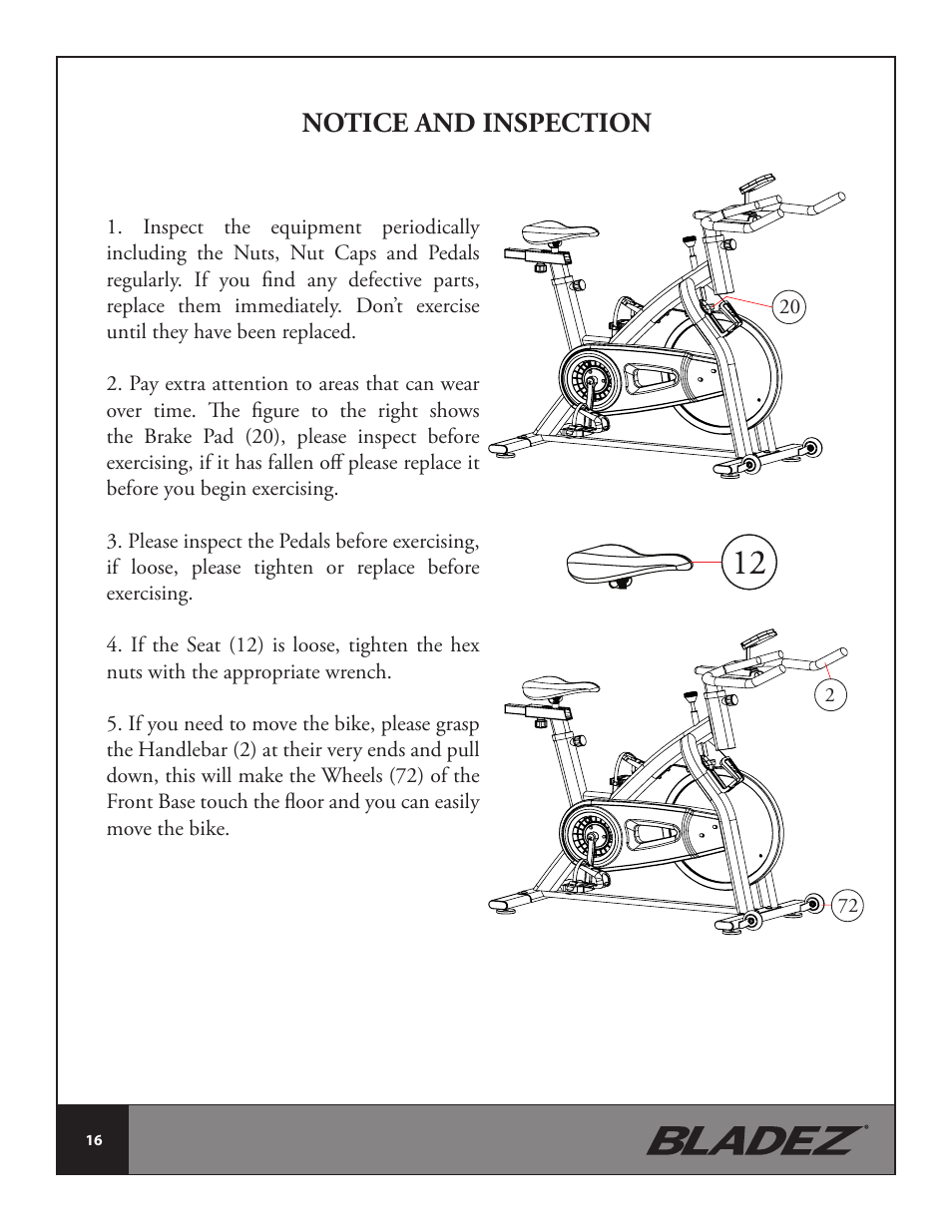 Notice and inspection | Bladez Fitness Fusion GS Indoor Cycle User Manual | Page 16 / 22