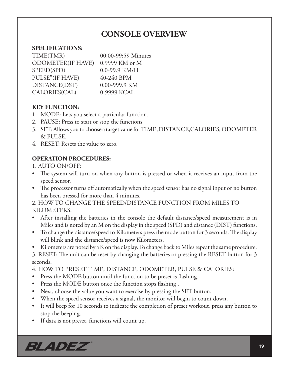 Console overview | Bladez Fitness Fusion GS Indoor Cycle User Manual | Page 19 / 22